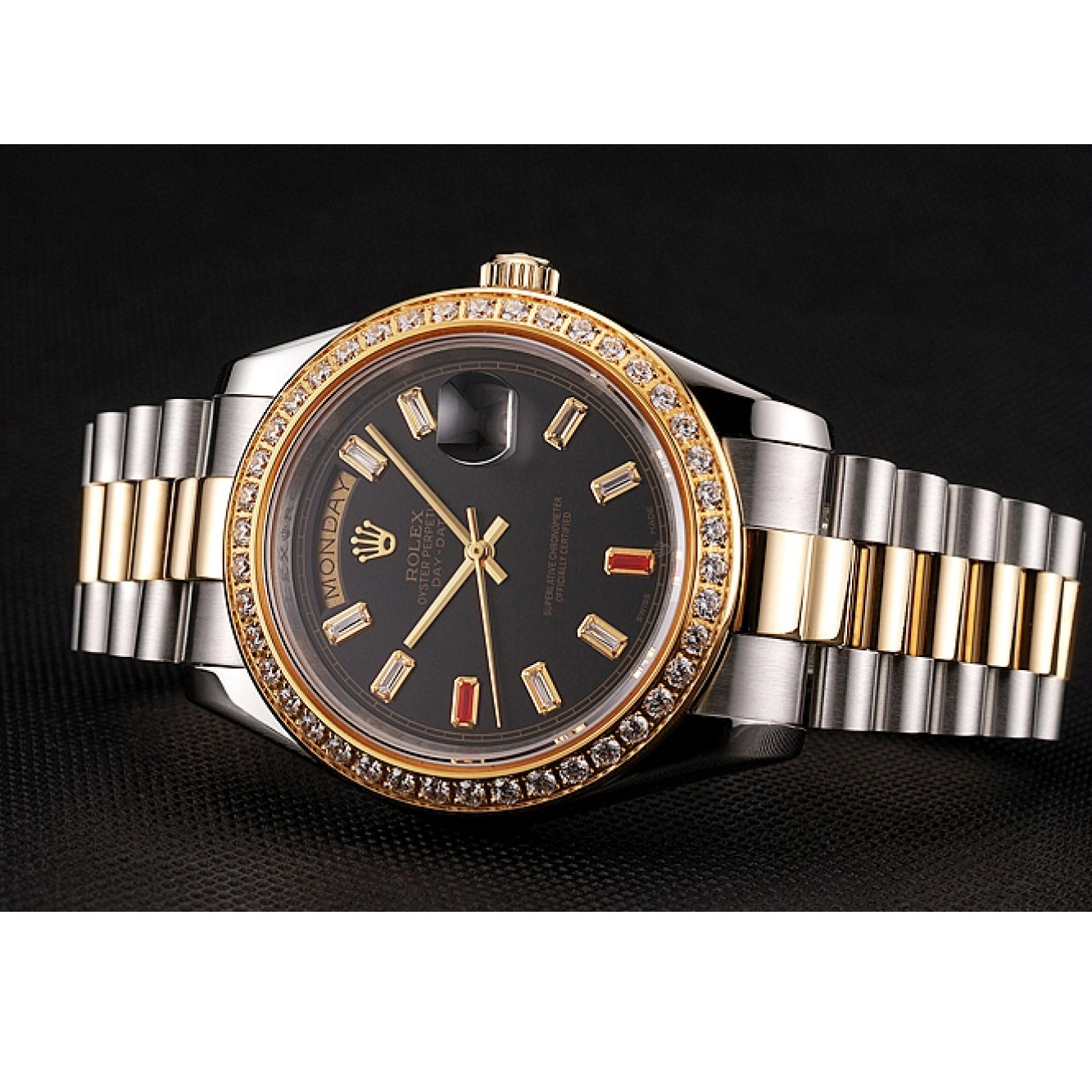 Best AAA Replica Sites Tone Day-Date Rubies Diamonds Dial Swiss Black Two Rolex 1454105 And Bracelet 0816